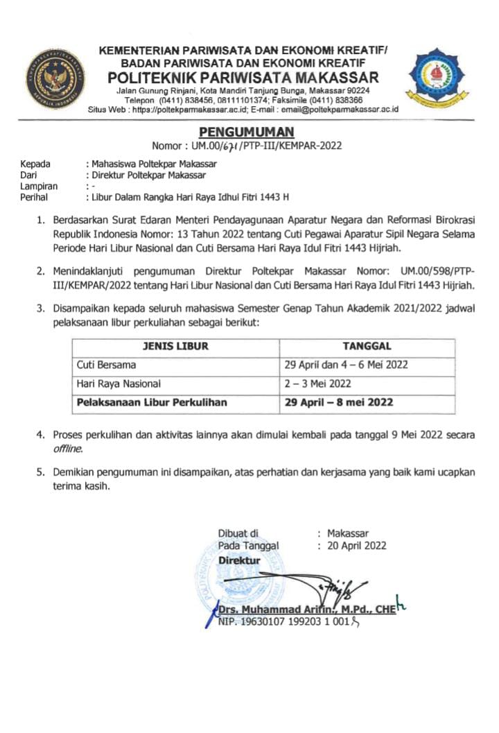 PENGUMUMAN LIBUR MAHASISWA